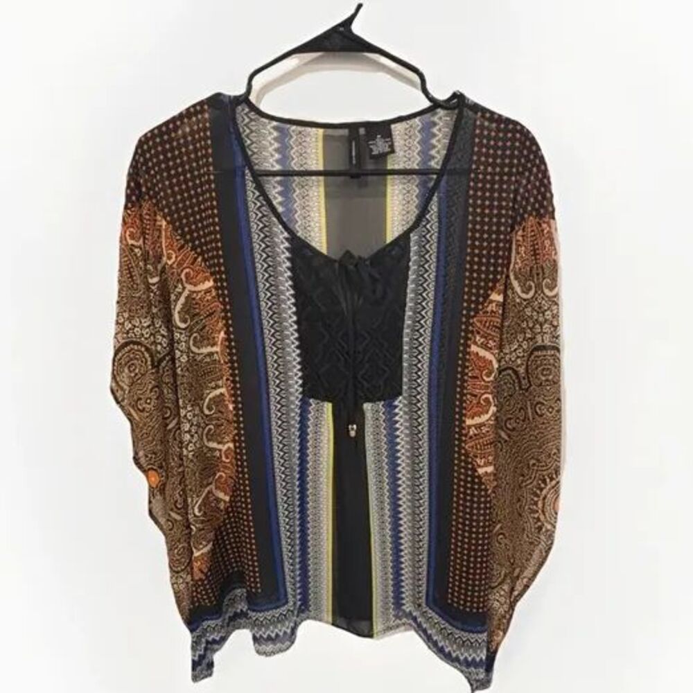 New Directions Women's Size Medium Multicolored Sheer Blouse Front Bow